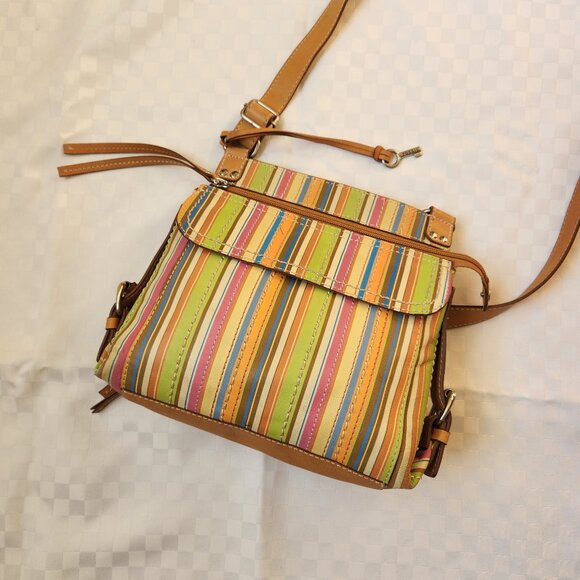 Fossil 100% Leather Beige/ Multicolor Strips Crossbody Bag - Picture 1 of 16